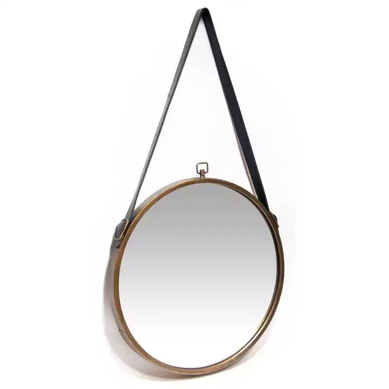 Miroir Mural Rond Suspendu de Ferme 16" avec Cadre, Sangle en Cuir et Laiton