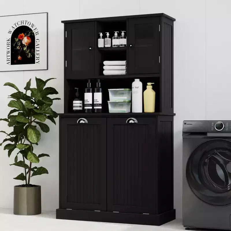 Armoire à linge autoportante noire à bascule avec étagères réglables de 32,68 po L. x 14,57 po P. x 59,69 po H.