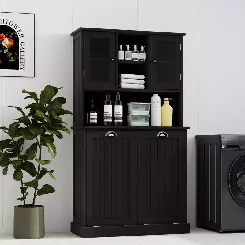 Armoire à linge autoportante noire à bascule avec étagères réglables de 32,68 po L. x 14,57 po P. x 59,69 po H.