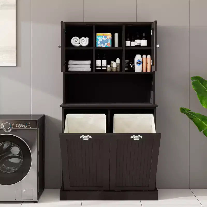Armoire à linge autoportante noire à bascule avec étagères réglables de 32,68 po L. x 14,57 po P. x 59,69 po H.