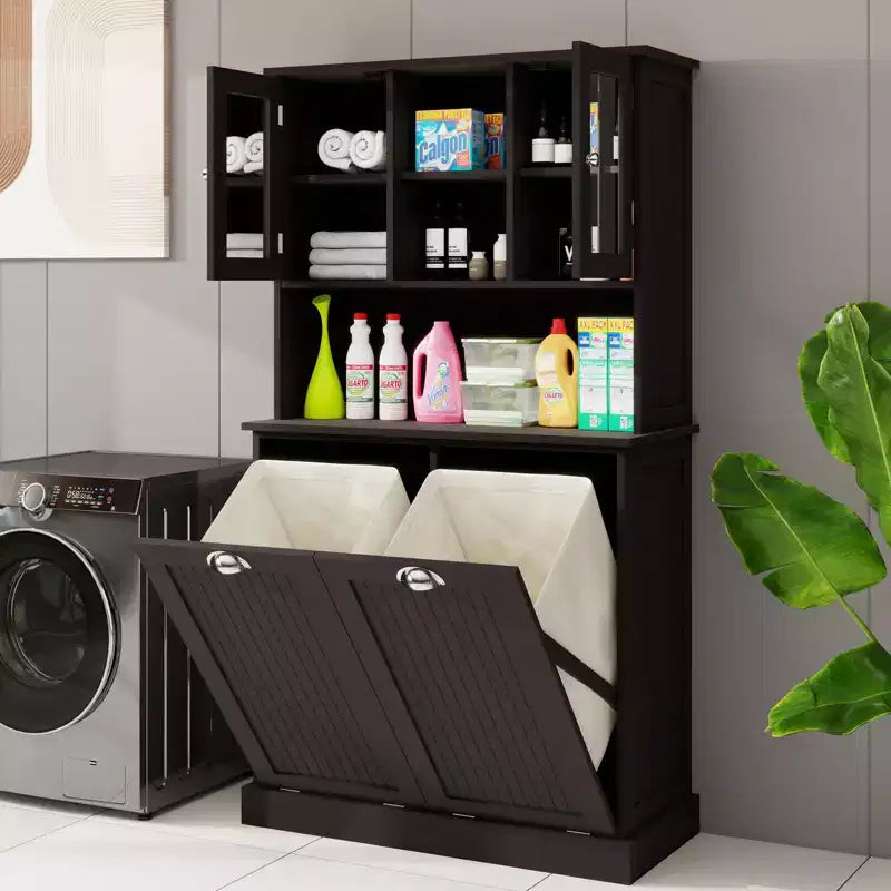 Armoire à linge autoportante noire à bascule avec étagères réglables de 32,68 po L. x 14,57 po P. x 59,69 po H.