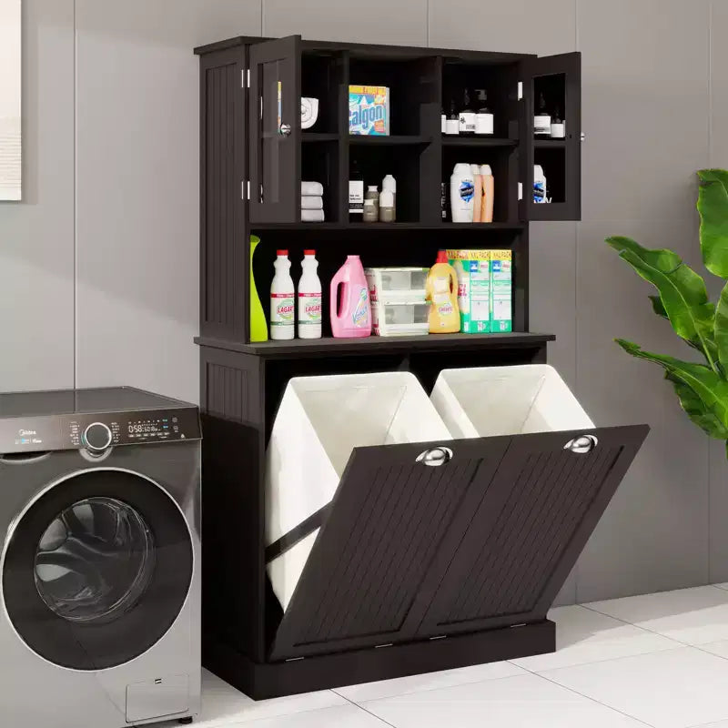 Armoire à linge autoportante noire à bascule avec étagères réglables de 32,68 po L. x 14,57 po P. x 59,69 po H.