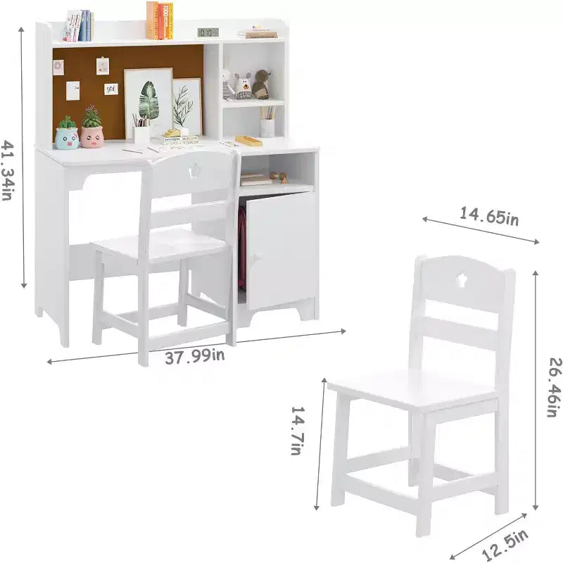 Bureau et chaise pour enfants, bureau d'étude en bois avec étagère, meuble de rangement, bureau d'écriture - poste de travail informatique pour chambre d'enfants et salle d'étude, blanc