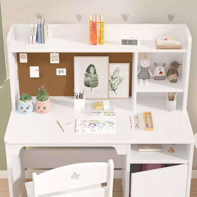 Bureau et chaise pour enfants, bureau d'étude en bois avec étagère, meuble de rangement, bureau d'écriture - poste de travail informatique pour chambre d'enfants et salle d'étude, blanc