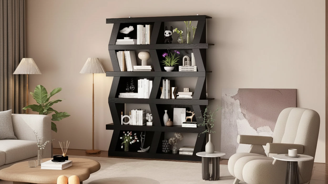 Famapy Open Bookcase Decorative shelf Unique shape Multi-functional storage Multi-storage Compartment Black