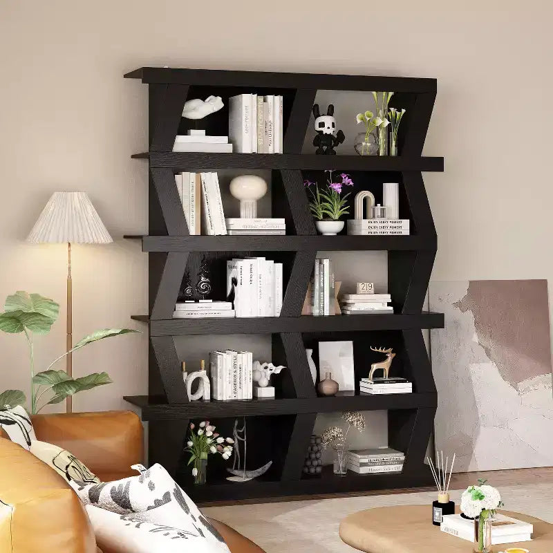 Étagère ouverte décorative de forme unique, rangement multifonctionnel avec plusieurs compartiments, noire
