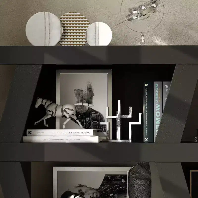 Étagère ouverte décorative de forme unique, rangement multifonctionnel avec plusieurs compartiments, noire