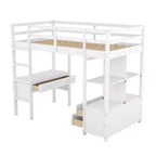 Lit mezzanine en bois avec bureau intégré avec deux tiroirs, étagères de rangement et tiroirs, 78.20''L 57.50''W