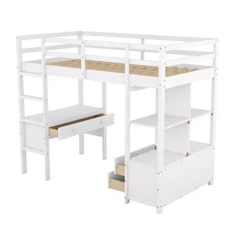 Lit mezzanine en bois avec bureau intégré avec deux tiroirs, étagères de rangement et tiroirs, 78.20''L 57.50''W