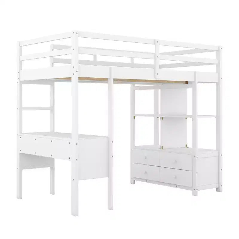 Lit mezzanine en bois avec bureau intégré avec deux tiroirs, étagères de rangement et tiroirs, 78.20''L 57.50''W