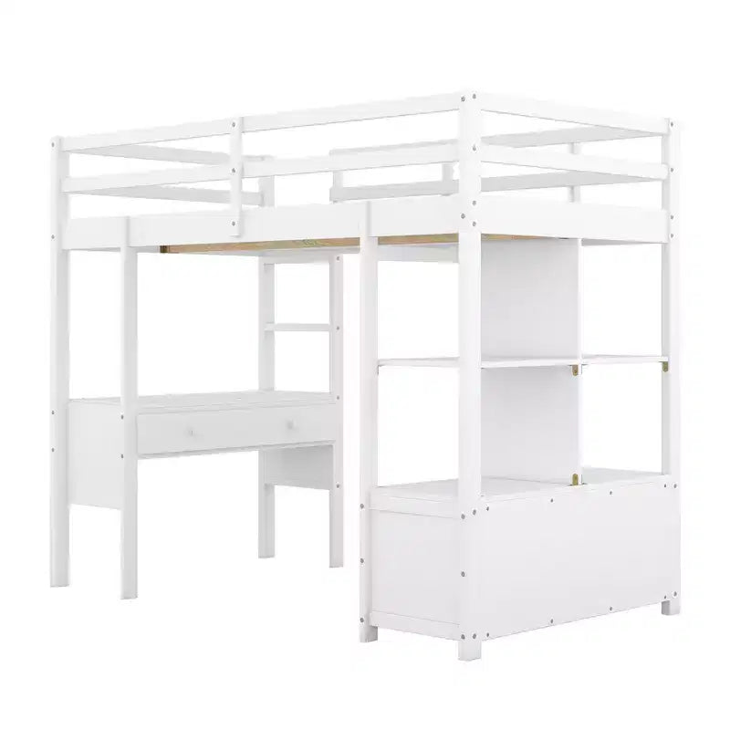 Lit mezzanine en bois avec bureau intégré avec deux tiroirs, étagères de rangement et tiroirs, 78.20''L 57.50''W