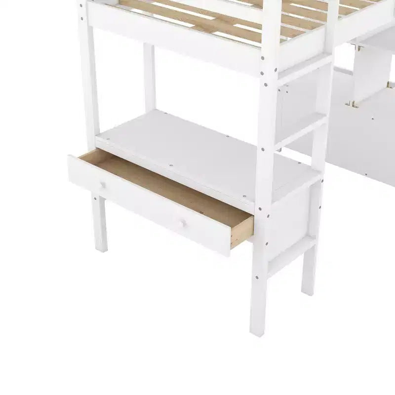 Lit mezzanine en bois avec bureau intégré avec deux tiroirs, étagères de rangement et tiroirs, 78.20''L 57.50''W