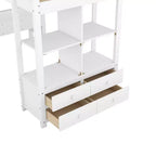 Lit mezzanine en bois avec bureau intégré avec deux tiroirs, étagères de rangement et tiroirs, 78.20''L 57.50''W