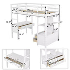 Lit mezzanine en bois avec bureau intégré avec deux tiroirs, étagères de rangement et tiroirs, 78.20''L 57.50''W