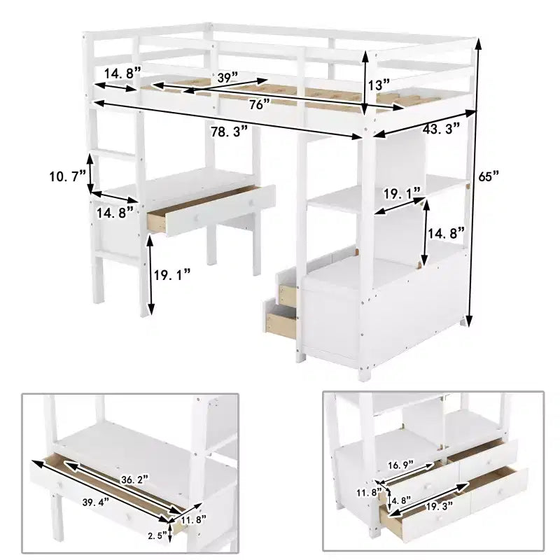Lit mezzanine en bois avec bureau intégré avec deux tiroirs, étagères de rangement et tiroirs, 78.20''L 57.50''W