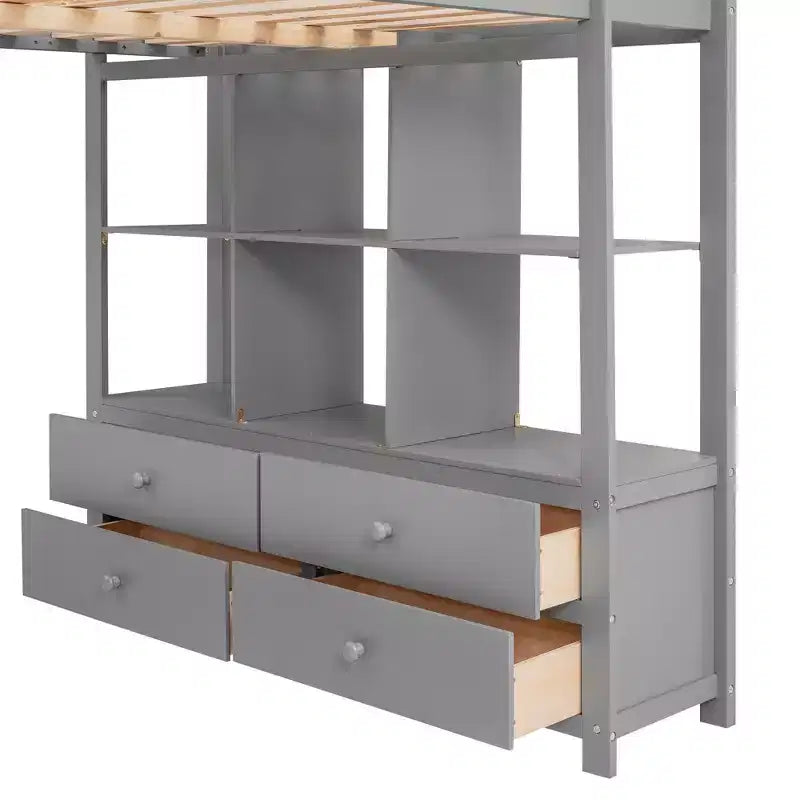 Lit mezzanine en bois avec bureau intégré avec deux tiroirs, étagères de rangement et tiroirs, 78.20''L 57.50''W