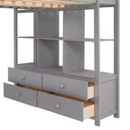 Lit mezzanine en bois avec bureau intégré avec deux tiroirs, étagères de rangement et tiroirs, 78.20''L 57.50''W