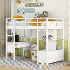 Lit mezzanine en bois avec bureau intégré avec deux tiroirs, étagères de rangement et tiroirs, 78.20''L 57.50''W