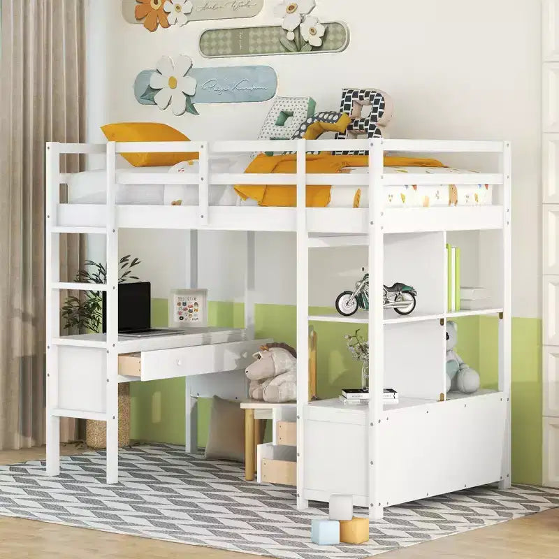 Lit mezzanine en bois avec bureau intégré avec deux tiroirs, étagères de rangement et tiroirs, 78.20''L 57.50''W