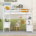 Lit mezzanine en bois avec bureau intégré avec deux tiroirs, étagères de rangement et tiroirs, 78.20''L 57.50''W