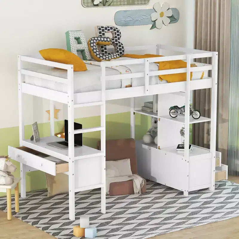 Lit mezzanine en bois avec bureau intégré avec deux tiroirs, étagères de rangement et tiroirs, 78.20''L 57.50''W