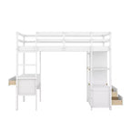 Lit mezzanine en bois avec bureau intégré avec deux tiroirs, étagères de rangement et tiroirs, 78.20''L 57.50''W