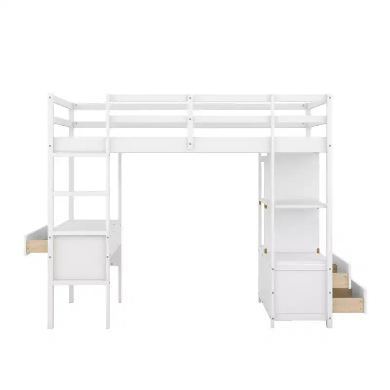 Lit mezzanine en bois avec bureau intégré avec deux tiroirs, étagères de rangement et tiroirs, 78.20''L 57.50''W