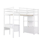 Lit mezzanine en bois avec bureau intégré avec deux tiroirs, étagères de rangement et tiroirs, 78.20''L 57.50''W