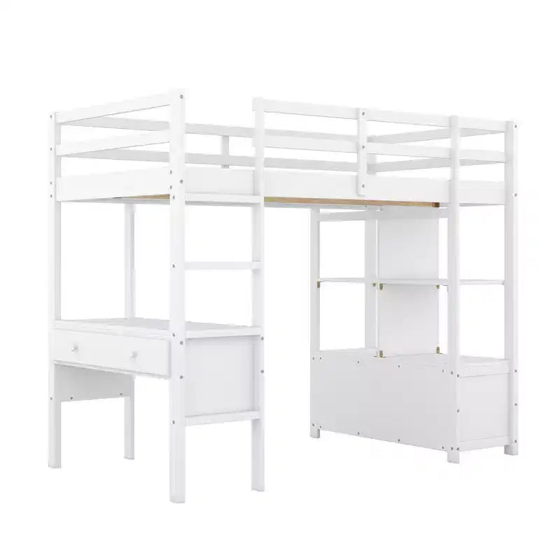 Lit mezzanine en bois avec bureau intégré avec deux tiroirs, étagères de rangement et tiroirs, 78.20''L 57.50''W