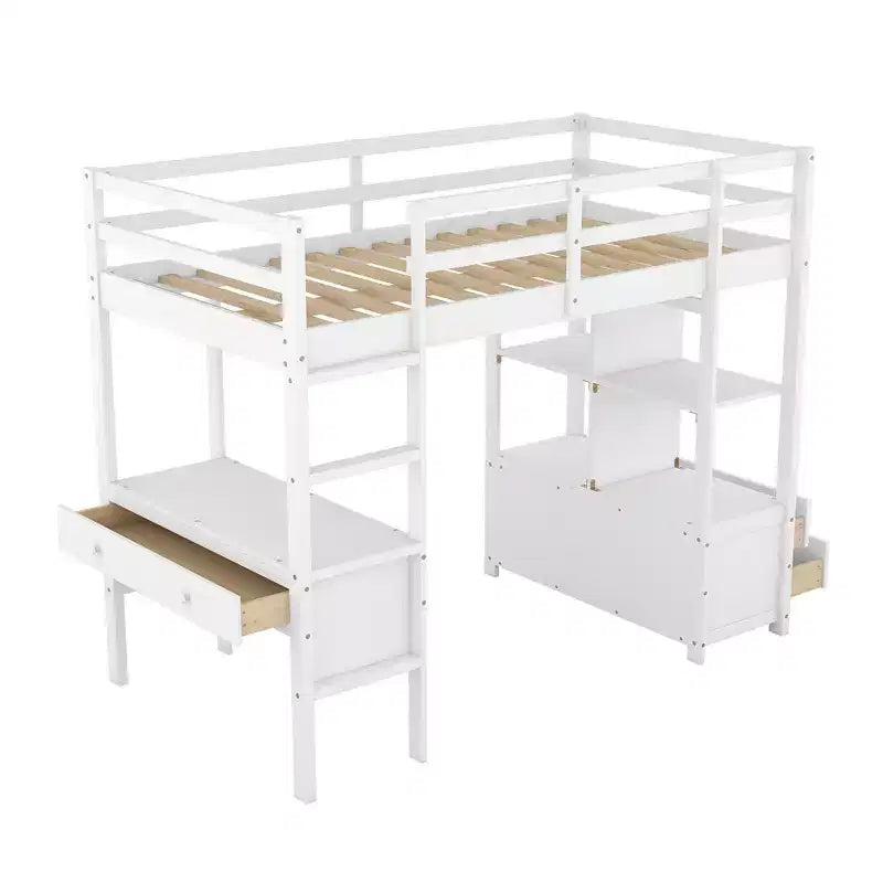 Lit mezzanine en bois avec bureau intégré avec deux tiroirs, étagères de rangement et tiroirs, 78.20''L 57.50''W