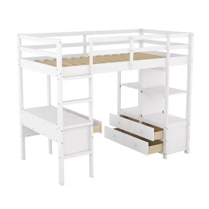 Lit mezzanine en bois avec bureau intégré avec deux tiroirs, étagères de rangement et tiroirs, 78.20''L 57.50''W