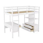 Lit mezzanine en bois avec bureau intégré avec deux tiroirs, étagères de rangement et tiroirs, 78.20''L 57.50''W