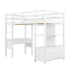 Lit mezzanine en bois avec bureau intégré avec deux tiroirs, étagères de rangement et tiroirs, 78.20''L 57.50''W