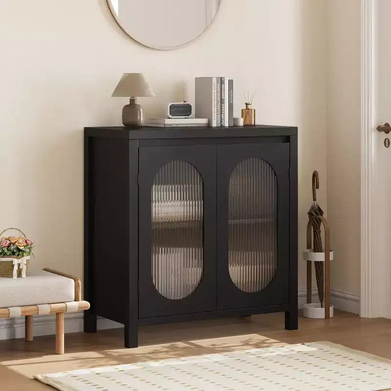 Buffet de salon et de salle à manger - Meuble de rangement noir avec accents, étagères réglables et portes vitrées, petit meuble console