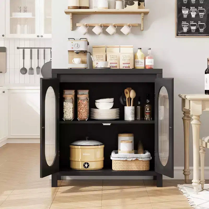 Buffet de salon et de salle à manger - Meuble de rangement noir avec accents, étagères réglables et portes vitrées, petit meuble console
