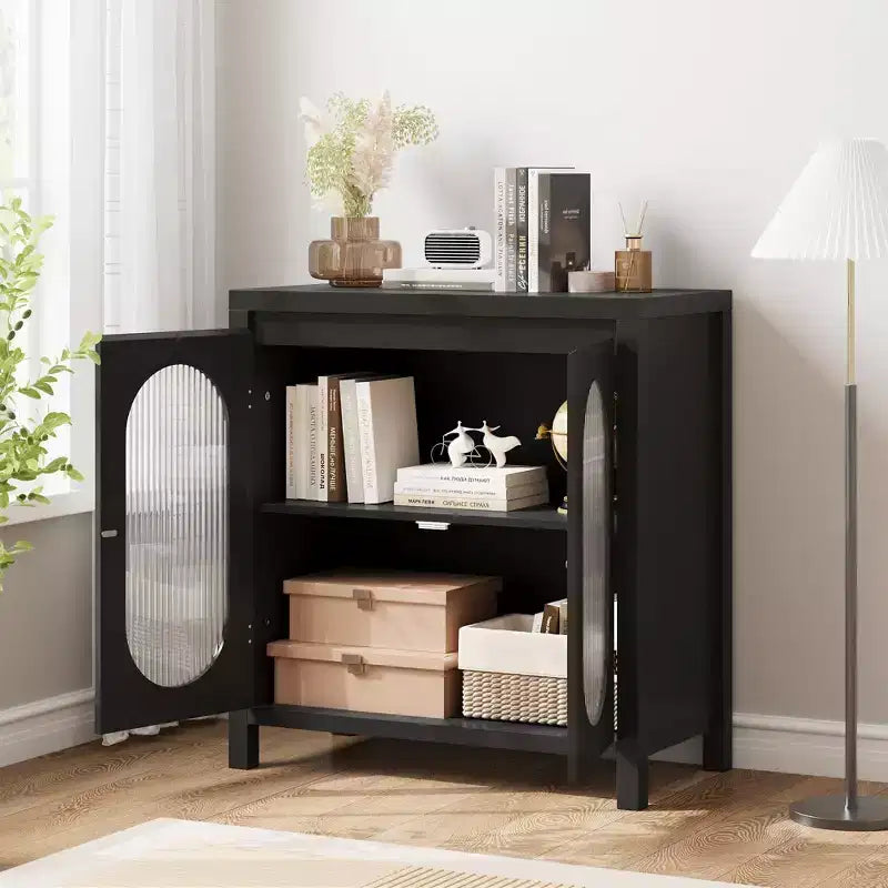 Buffet de salon et de salle à manger - Meuble de rangement noir avec accents, étagères réglables et portes vitrées, petit meuble console