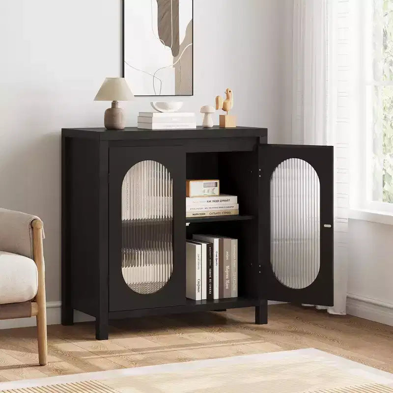 Buffet de salon et de salle à manger - Meuble de rangement noir avec accents, étagères réglables et portes vitrées, petit meuble console
