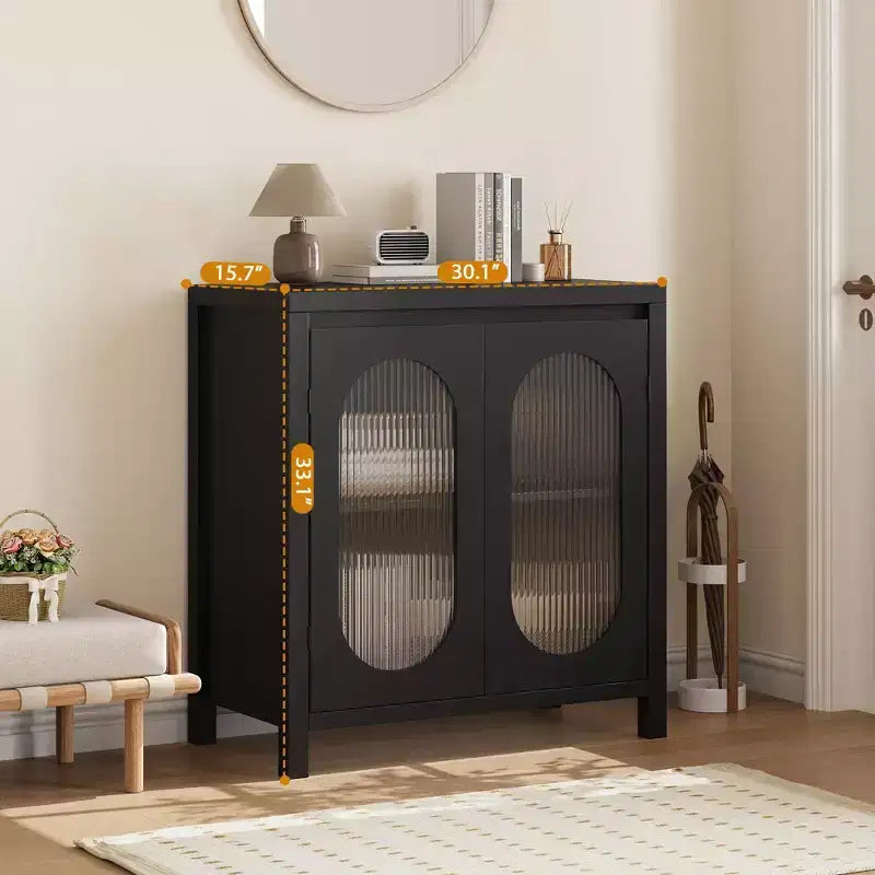 Buffet de salon et de salle à manger - Meuble de rangement noir avec accents, étagères réglables et portes vitrées, petit meuble console