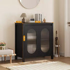 Buffet de salon et de salle à manger - Meuble de rangement noir avec accents, étagères réglables et portes vitrées, petit meuble console