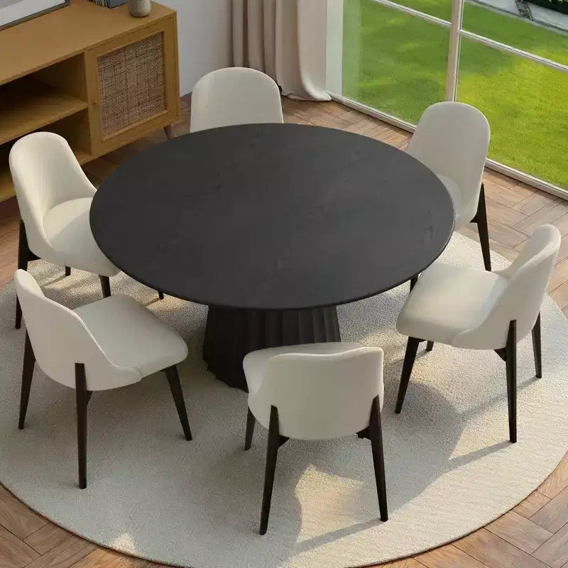 Table de salle à manger ronde moderne de 52 pouces avec 6 chaises rembourrées, plateau en bois texturé noir, pied plissé, sièges beiges pour cuisine salle à manger