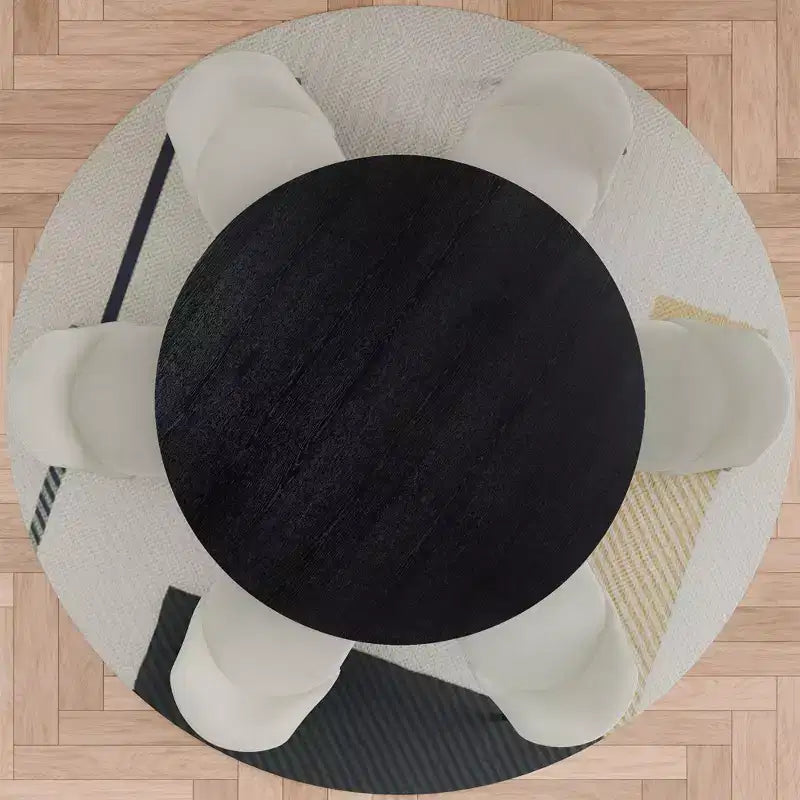 Table de salle à manger ronde moderne de 52 pouces avec 6 chaises rembourrées, plateau en bois texturé noir, pied plissé, sièges beiges pour cuisine salle à manger
