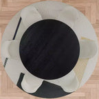 Table de salle à manger ronde moderne de 52 pouces avec 6 chaises rembourrées, plateau en bois texturé noir, pied plissé, sièges beiges pour cuisine salle à manger