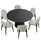 Table de salle à manger ronde moderne de 52 pouces avec 6 chaises rembourrées, plateau en bois texturé noir, pied plissé, sièges beiges pour cuisine salle à manger