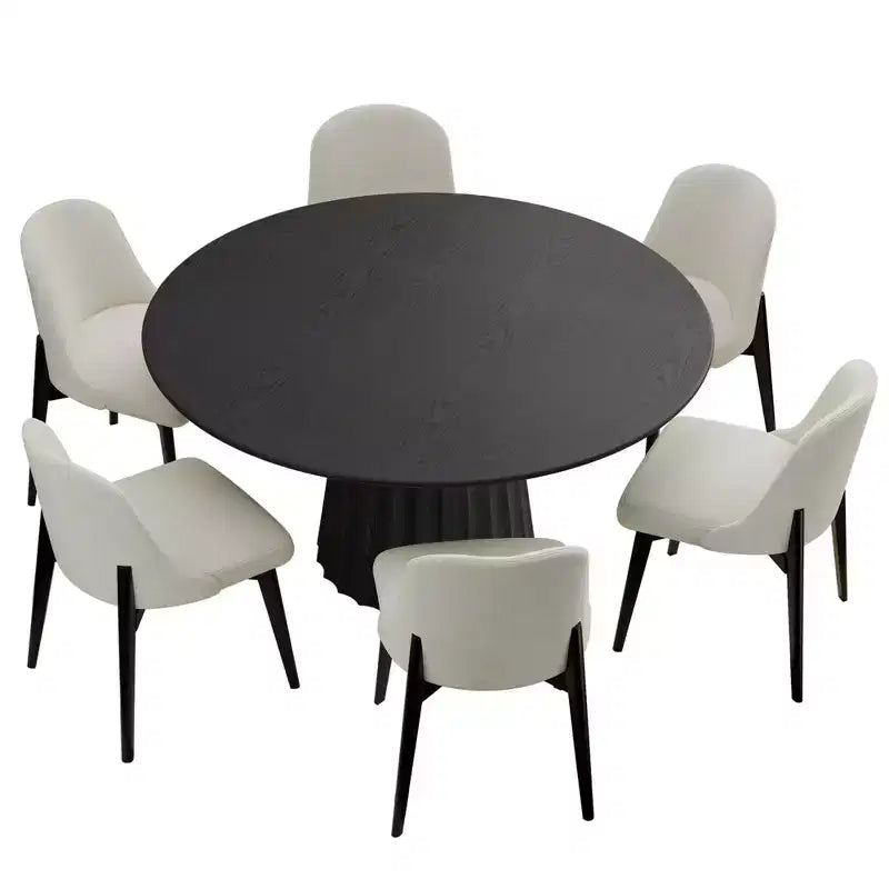 Table de salle à manger ronde moderne de 52 pouces avec 6 chaises rembourrées, plateau en bois texturé noir, pied plissé, sièges beiges pour cuisine salle à manger