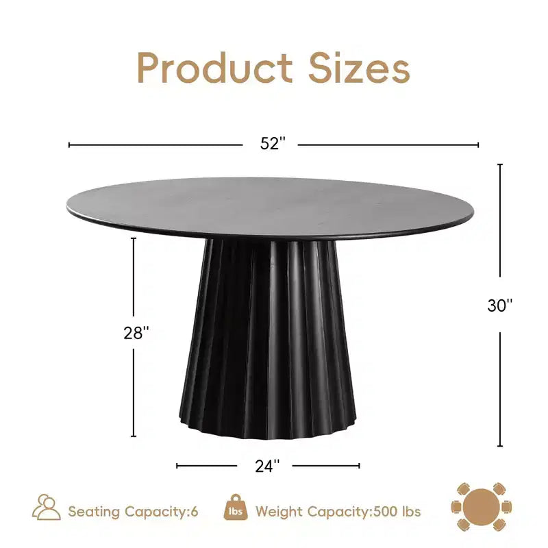 Table de salle à manger ronde moderne de 52 pouces avec 6 chaises rembourrées, plateau en bois texturé noir, pied plissé, sièges beiges pour cuisine salle à manger
