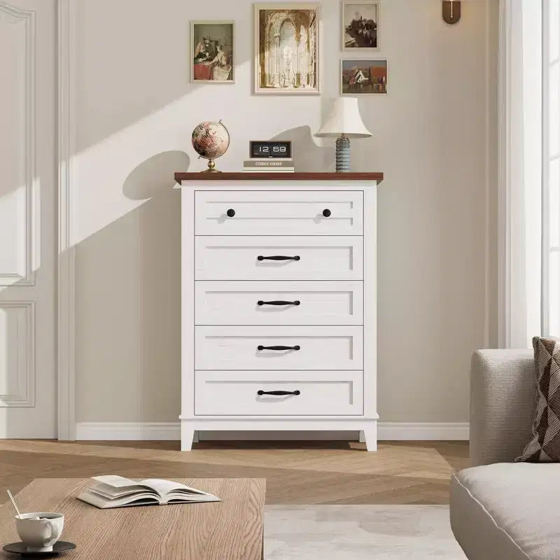 Commode de rangement verticale sur pied de 105 cm de haut, en bois, pour salon, chambre, entrée, chambre, blanc + marron