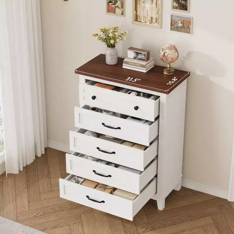 Commode de rangement verticale sur pied de 105 cm de haut, en bois, pour salon, chambre, entrée, chambre, blanc + marron