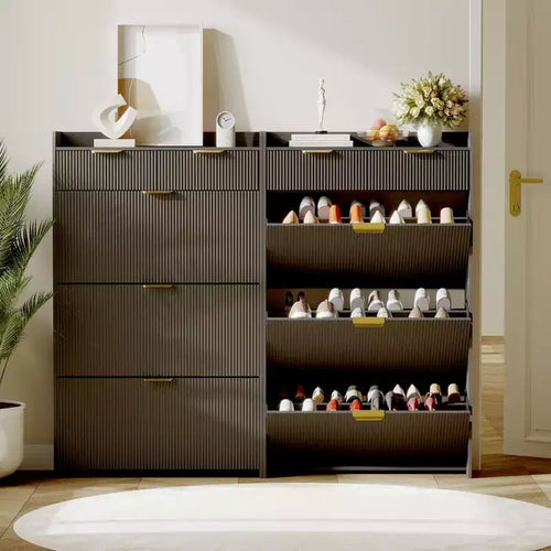 Meuble de rangement à chaussures slim cannelé de 80 cm pour entrée avec 2 tiroirs et étagère réglable