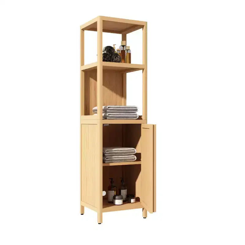 Meuble de rangement de salle de bain en bambou, meuble autoportant multifonctionnel avec 2 étagères et 1 porte, organisateur de salle de bain et de cuisine