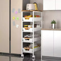 Chariot de Rangement Mince à roulettes à 5 Niveaux, en Métal Blanc avec Plateau en Bois pour Cuisine/Salle de Bain